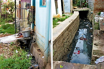 Greywater from laundry (left) and solid garbage which is disposed in open drains (right) pollute water and cause health hazards. Bangalore, Nepal. Source: BARRETO (2009)