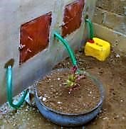 Backside of a Vietnamese UDDT showing the doors of the vaults (red), the container for separate urine collection and a direct infiltration and reuse system for the anal cleansing water. Source: CREPA (2007)