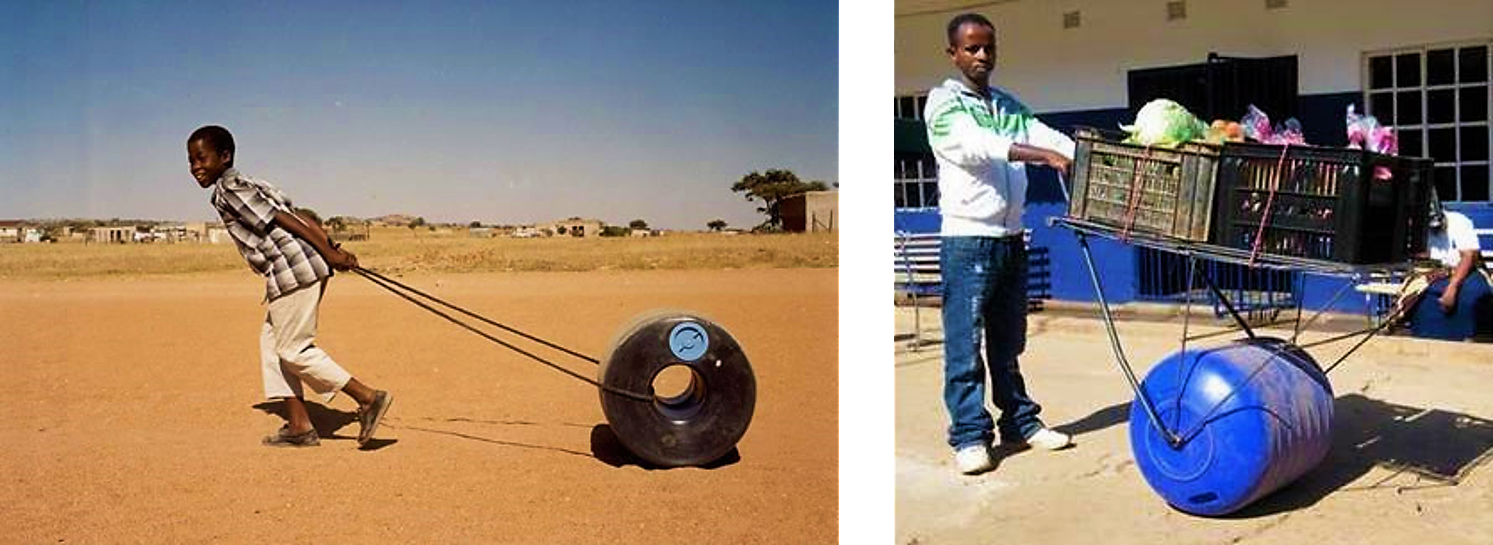 The Q-Drum can be pulled with help of a rope (left). The Hippo Water Roller (right) can be upgraded with a steel construction to carry baskets as well (so called ‘Hippo Mobile Spaza’). Source: GUNZELMANN (2008) and HIPPOROLLER (2012)