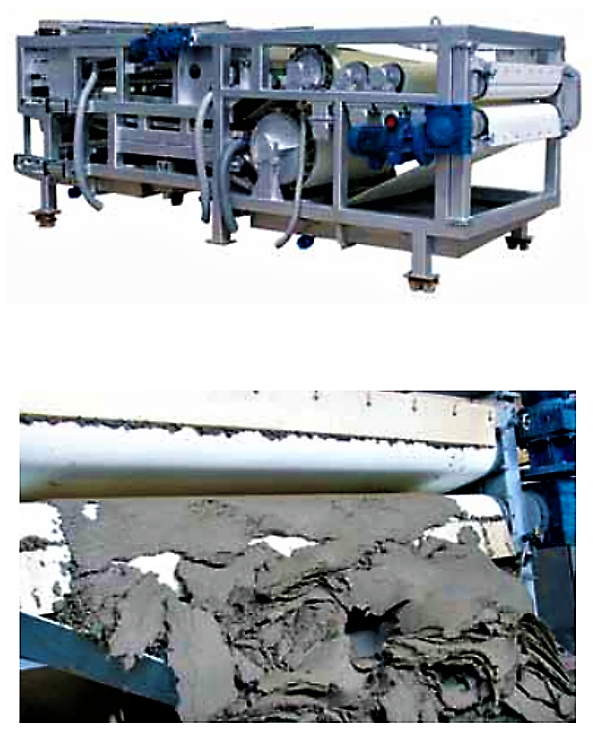 A belt press and the produced dewatered sludge cake. Source: JOHNSONSCREENS (2011)