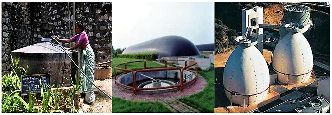Small-scale biogas reactor for the treatment of market waste (l eft); large e-scale anaerobic lagoon with biogas recovery for the treatment of waste from swine stock farming (middle); and treatment of excess sludge from a municipal waste water treatment plant in egg-shaped completely mixed reactors (right). Source: MIKLED (n.y.); GFN UNIZAR (n.y.)