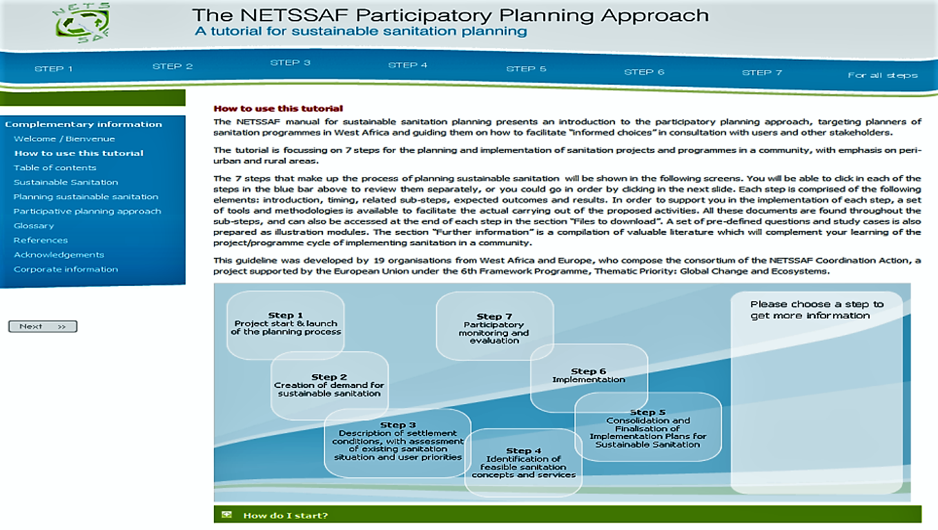 A view of the on-line NETSSAF tutorial showing the 7 steps. Source: NETSSAF (2008)