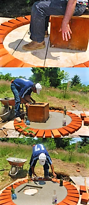 Construction of the slab (for a fossa alterna or arborloo) with the holes for the toilet bowl and the ventilation pipe. Also the handholds to move the slab and the piles for the superstructure must be attached. Source: SARAR  Transformación (2010)