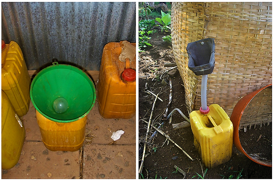 Low-cost dry urinal (“eco-lilly” or “bidur”) used for the collection of urine. Source: D. SPUHLER (2007) (left) and SuSanA on Flickr 2010) (right)