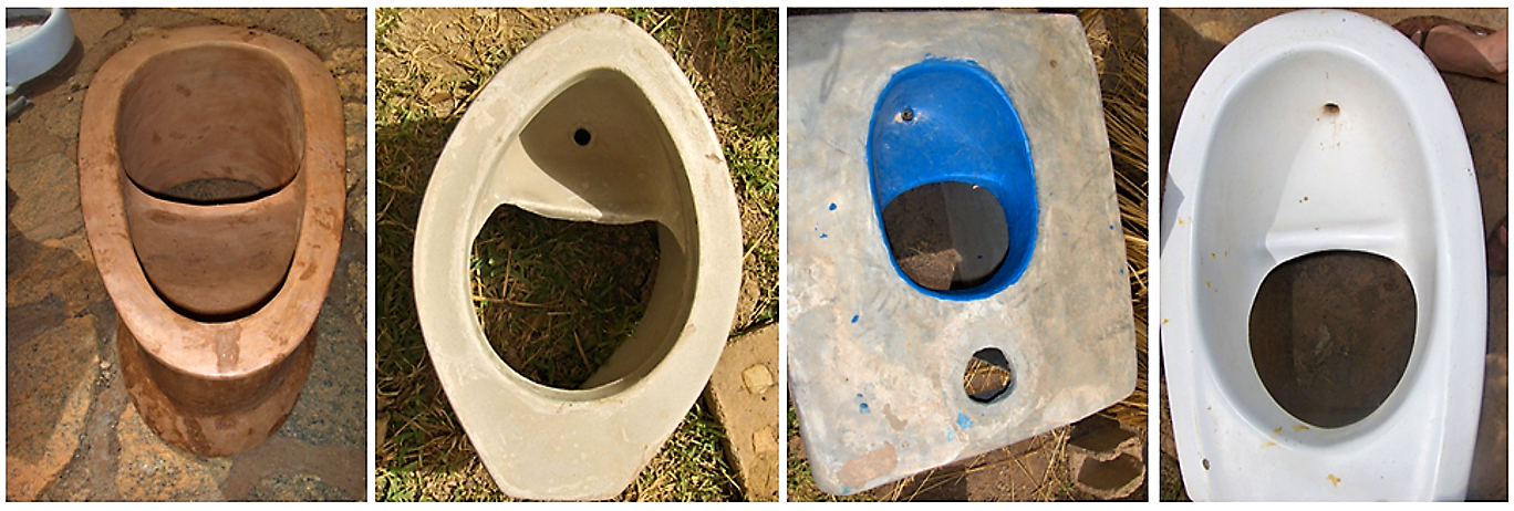 Several types of UDDT toilets, made by local craftsmen in Ouagadougou, Burkina Faso (CREPA Headquarter). Source: SPUHLER (2007)