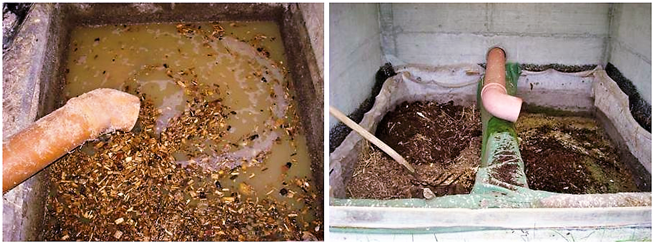 An overflow and clogging of the filter should be avoided. It can lead to anaerobic conditions and bad odour (left image). A properly maintained two-chamber compost filter in Switzerland (right image). Source: STAUFFER (2010) 