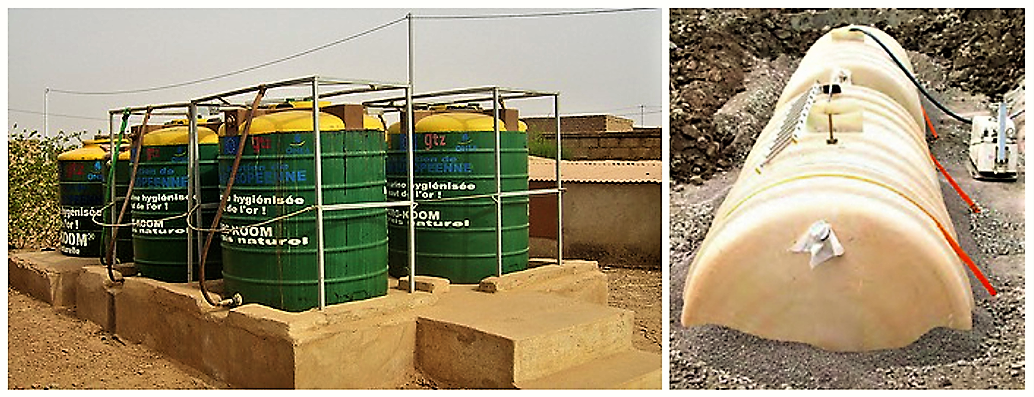 Large-scale urine storage tanks. Left: Urine is collected in jerry cans from household UDDTs and stored on municipality level before it is resold as fertiliser (Source: SuSanA on Flickr 2010). Right: Underground Urine storage tanks from a multi-storey housing in Northern Europe (Source: SuSanA on Flickr 2010).