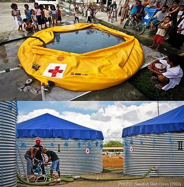 International Red Cross Water and Sanitation Emergency Response Unit (ERU), consisting of anonionic tank for settlement supported by coagulation/flocculation (top) followed by bulk storage tanks with chlorine disinfection (below). Source: SWEDISH RED CROSS (2008)