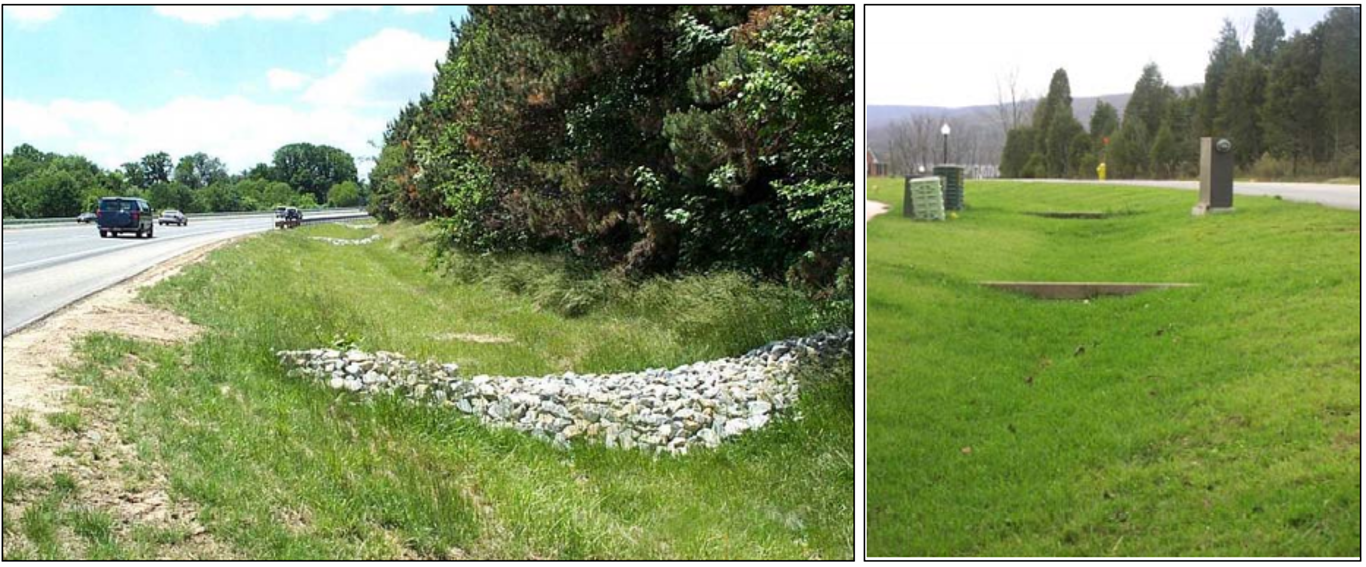 Enhanced grass swales feature check dams that temporarily pond runoff to increase pollutant retention and infiltration and decrease flow velocity. Source: TRCA & CVC (2010) 