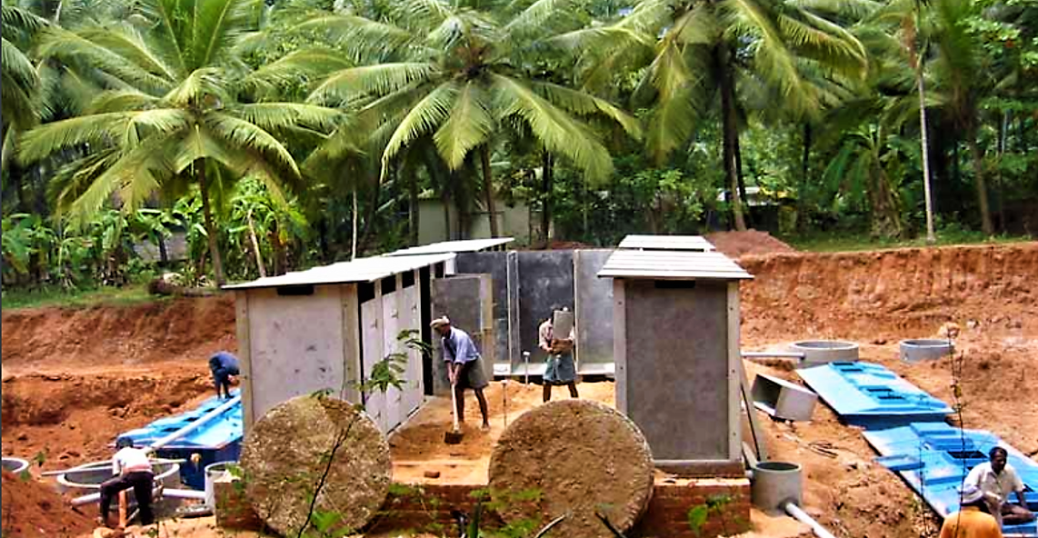Construction of different toilet blocks connected to two pre-fabricated fibreglass reactor comprising a settling chamber, an aerobic baffled reactor and a final anaerobic filter unit. Source: BORDA (2009)