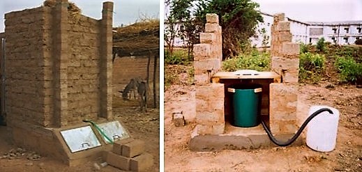 UDDTs of the Tecpan model. The vaults are covered with metal sheets which are inclined by 45° and orientated towards the sun in order to speed up the drying process (left). Single-vault Urine-Diversion Toilet under construction in Zambia. Faeces can be collected in a rice bag which than can be stored for drying exposed to the sun but protected from rain (right). Source: CREPA (2007)