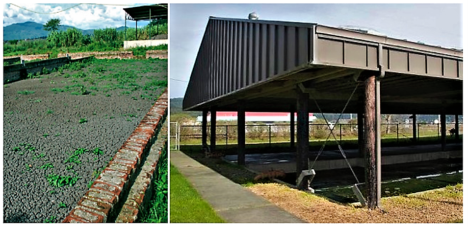 Unplanted drying beds in Ghana (left) and rain protected unplanted drying bed at the Arcata wastewater treatment plant, USA (right). Source: EAWAG/SANDEC (2008); HUMBOLDT EDU (2008)