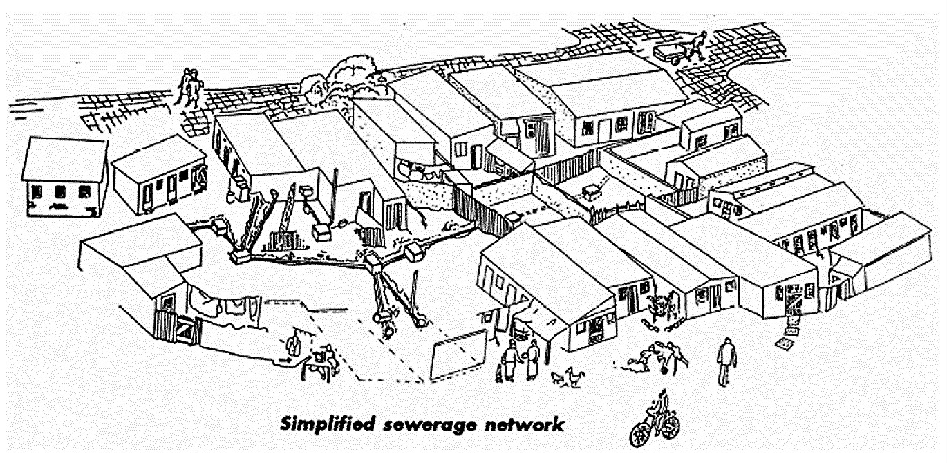 A simplified sewer (condominal sewer) network. Sewers are laid within property boundaries rather than beneath central roads. Source: EAWAG and SANDEC (2008)