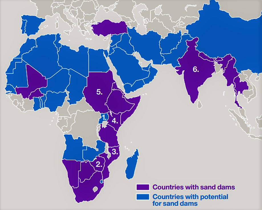 Map of drylands showing countries with sand dams (purple) and countries with potential for sand dams (blue). Source: ED (n.y.)