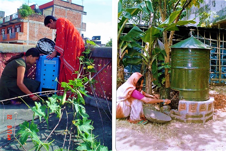 Compost bin in Kathmandu (left) and Compost barrel in Bangladesh (right). Source: ENPHO (n.y.) (left) and WASTE CONCERN (n.y) (right)