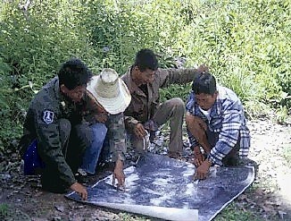 Villagers studying an aerial photograph of their area for preparing their transect walk. Source: FAO (2003)