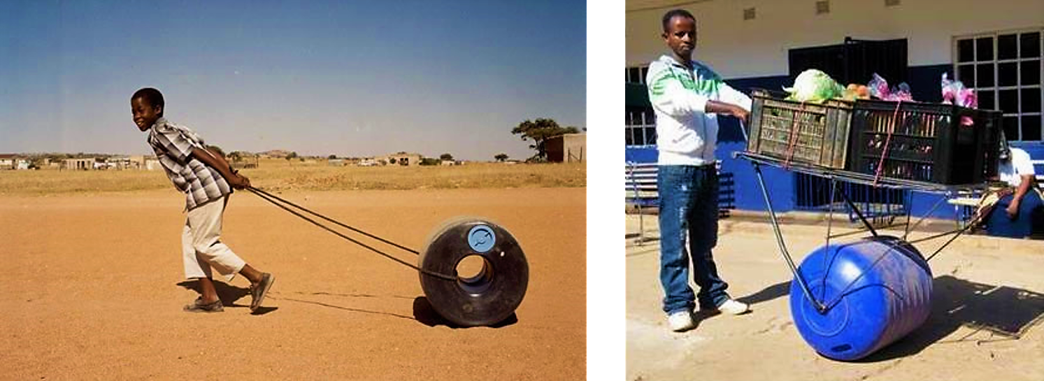 The Q-Drum can be pulled with help of a rope (left). The Hippo Water Roller (right) can be upgraded with a steel construction to carry baskets as well (so called ‘Hippo Mobile Spaza’). Source: GUNZELMANN (2008) and HIPPOROLLER (2012) 
