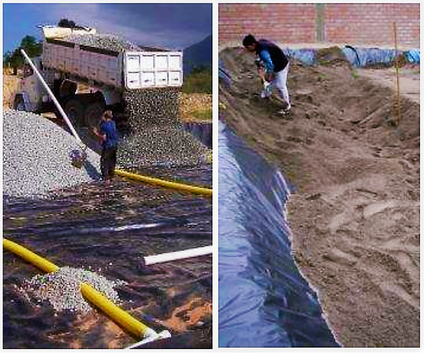 Left: Vertical flow filter during construction in Brazil (lined with polythene liner), drains are being covered with gravel. Right: Vertical flows filter in Peru during filling with sand. Source: HOFFMANN et al. (2011)