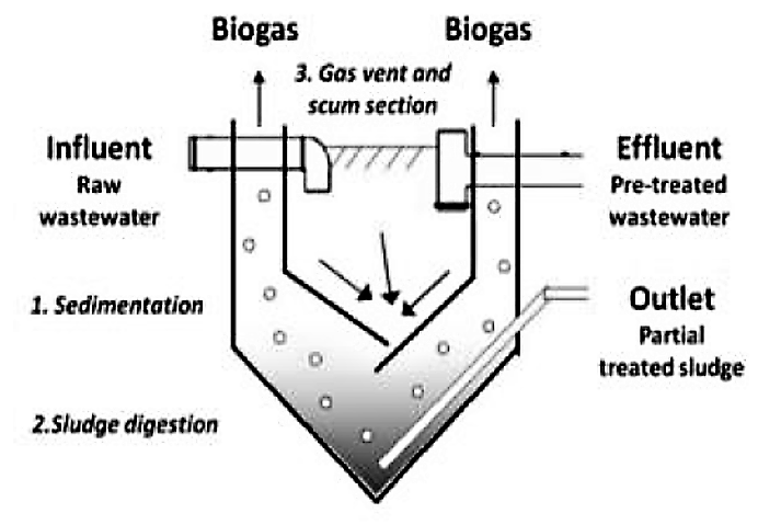 The three sections of an Imhoff tank – sedimentation (1), sludge digestion (2), gas vent and scum section (3). In this design, an outlet for the sludge is added. Source: HOFFMANN et al. (2011)  
