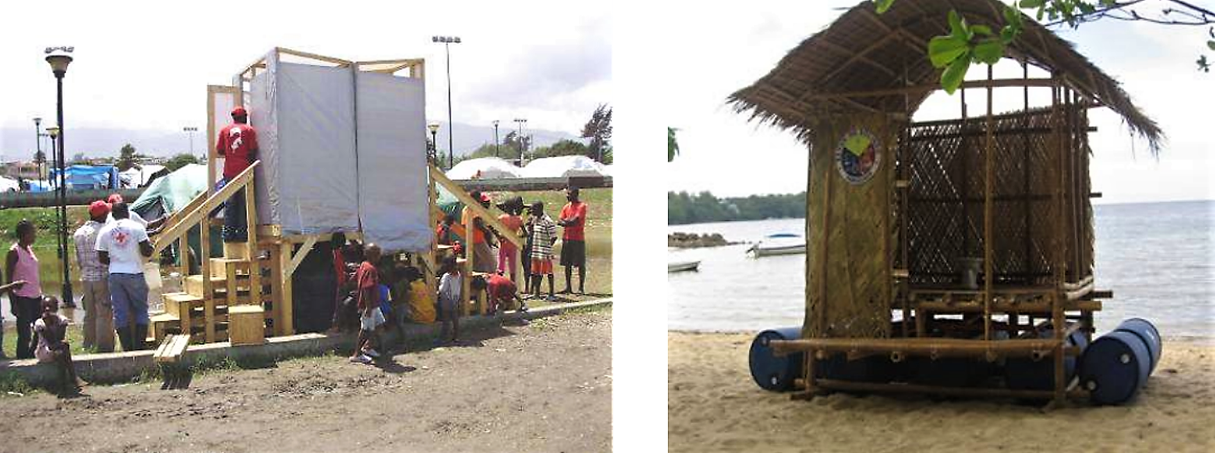 Raised latrine kit with container tanks as constructed by IFRC in the Haiti Earthquake response in 2010 (left) and a Floating Sanitary Toilet (FST) as introduced in Bolinao, Philippines (right). Source: IFRC (2011, left image) and PEN (2010, right image)