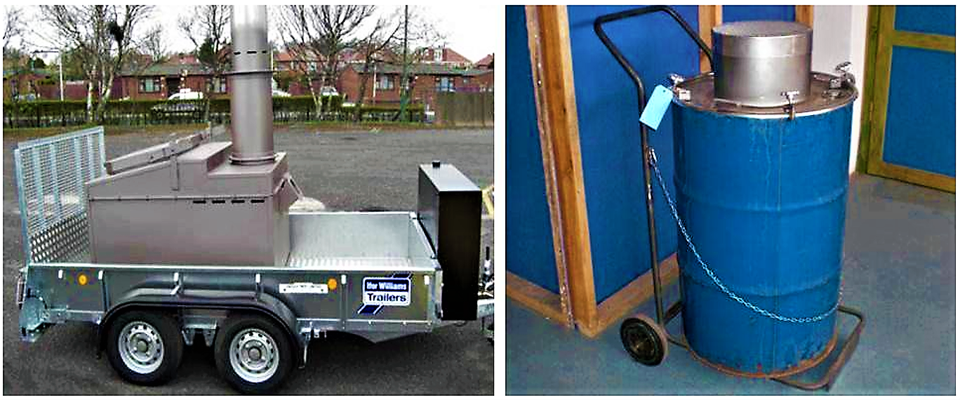 A mobile incinerator from Inciner8 (left) and a mini mobile incinerator (right). Source: INCINER8 (2004 ) and MAVI DENZ (n.y.)
