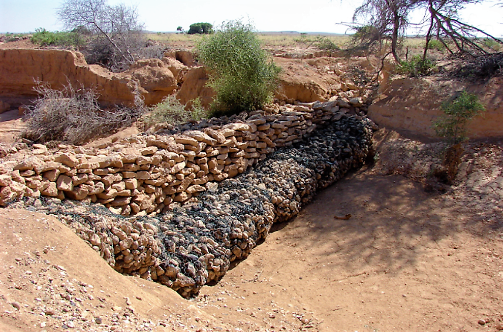 Gully erosion is a major problem in East Africa and has to be rehabilitated which is related with high costs. In the picture, a loose stone dam (check dam or gully plug) should stop the gully erosion