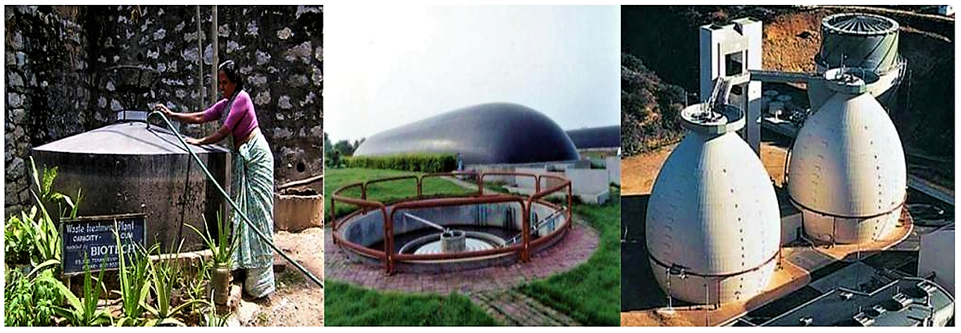 Small-scale biogas reactor for the treatment of market waste (l eft); large e-scale anaerobic lagoon with biogas recovery for the treatment of waste from swine stock farming (middle); and treatment of excess sludge from a municipal waste water treatment plant in egg-shaped completely mixed reactors (right). Source: MIKLED (n.y.); GFN UNIZAR (n.y.)