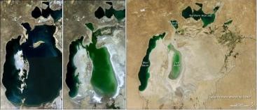 Shrinking Aral Sea (from left to right):1989, 2003 and 2011 (thin black  line indicating coast line in 1960).