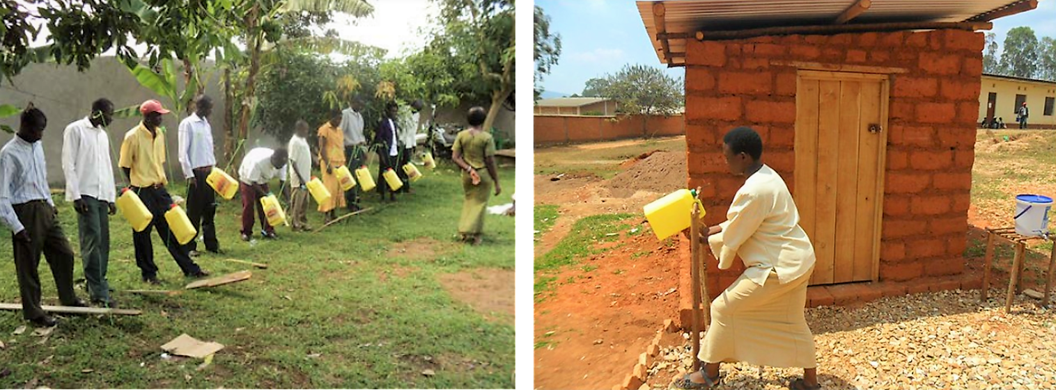 Lesson on how to build a Tippy tap, and a Tippy tap next to a toilet facility. Source: RYAN WELLS FOUNDATION (2011) and SUSANA (2011)