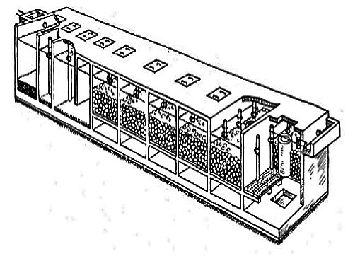 Three setting chambers followed by five anaerobic filter units. Source: SANIMAS (2005)