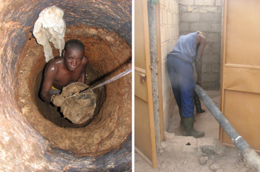 A toilet emptier passes the bucket full of faecal sludge to his assistant. The man works without gloves, boots and mask, because these are too expensive. The health risk in this case is extremely high (left). Emptying a pit with a vacuum tanker is much easier but only possible if the sludge is enough liquid and equipment is available (right). The consistency of the VIP sludge could be a problem for emptying with pumps when it is too dry. Source: SuSanA on Flickr (2010) 