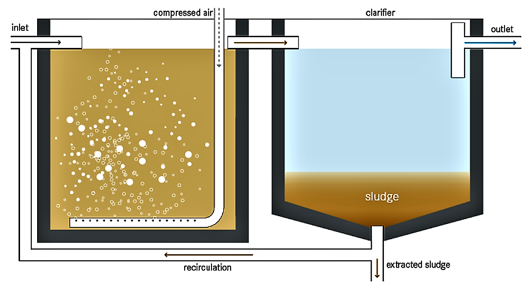 Schematic of the aeration tank and secondary settling tank (clarifier) of an activated sludge system. Source: Tilley et al. (2014) 