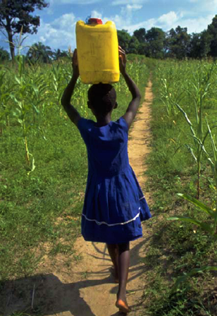 A child transports a big can on its head, which is big effort every day. Sources: UNICEF/WHO (2008) 