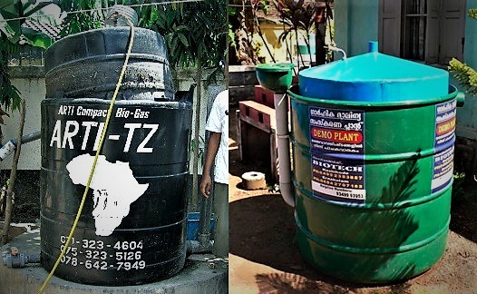 The ARTI household digester in Dar es Salaam, Tanzania (Left) and a similar model from BIOTECH. Source: VOEGELI & LOHRI (2009, left image) and HEEB (2009, right image)