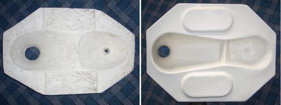 Nepalese urine-diversion squatting pan made from cement (left) and fibreglass (right) (water seal not shown). Source: WAFLER (2009)
