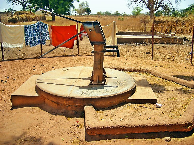 Deep-well hand piston pump including apron and drain in Wallalan, Upper Badibu District, Gambia