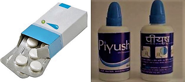 Chlorine tablets and PIYUSH, a 0.5% chlorine solution commercialised in Nepal. Source: The WaterGeeks and ENPHO