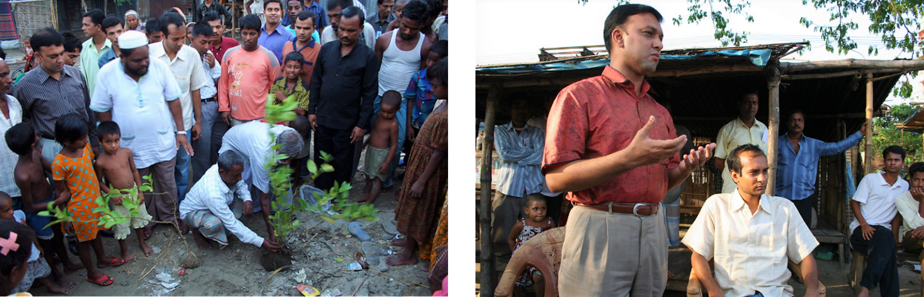 Involving leaders: In order to raise awareness of the potential to use used toilet bags as fertilizer, demonstration plots were planted in Mymensingh Pourashava, Bangladesh. Left picture: a community leader from Kalibari community helps plant a lemon tree. Right picture: The Mayor of Mymensingh Pourashava speaking to the Malgudam community after creating the demonstration plot. Source: WHEATON (2009)