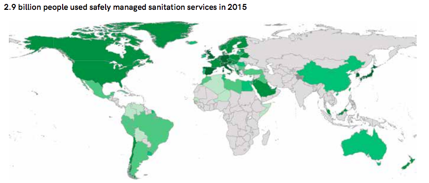 Worldwide use of improved sanitation facilities in 2015, putting highlights on the urgency of sanitation improvements in Southern Asia, Sub-Saharan and Central Africa. Source: UNICEF & WHO (2017)